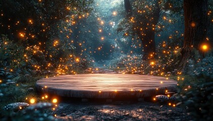Enchanting forest glade, illuminated by bioluminescent insects.  A circular wooden platform sits amidst the mystical foliage, bathed in warm, ambient light