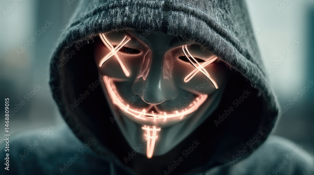Poster mysterious hacker with glowing screen reflections urban setting digital art dynamic viewpoint
