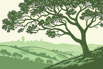 Fototapeta premium 113 a lush green tree with leaves and branches, a cityscape in the background, rolling hills in the foreground, detailed nature, serene landscape, digital art, 8k, hyperrealistic