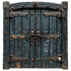 Fototapeta premium Old wooden door with iron hardware vintage entrance antique architecture on transparent background