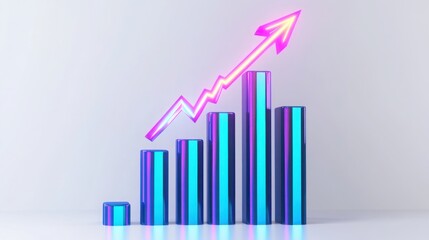 Stunning 3D graph showcasing vibrant growth iridescent blue and purple bars neon pink arrow clean