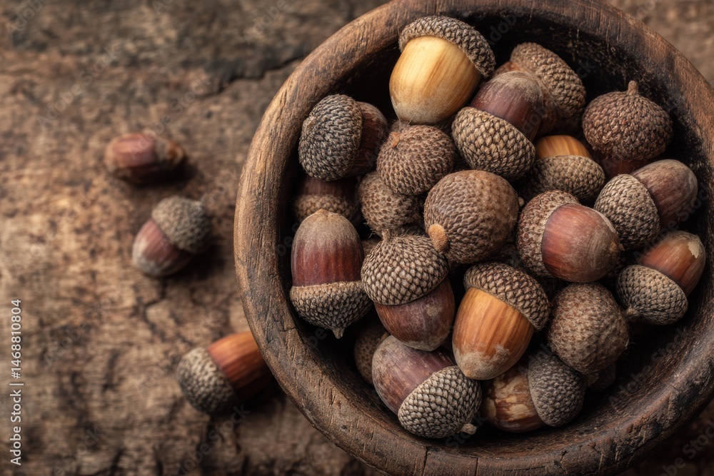 Poster natural collection of acorns in a rustic wooden bowl resting on a textured surface generative ai