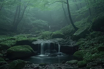 Fototapete Misty forest stream. Lush greenery, misty atmosphere, flowing water, rocky banks © syifa