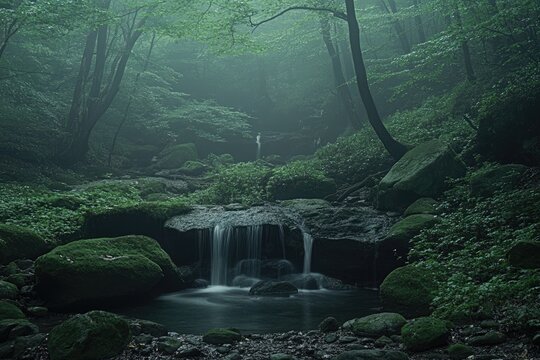Misty forest stream. Lush greenery, misty atmosphere, flowing water, rocky banks