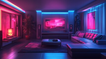 Futuristic living room with vibrant neon lighting in pink and blue tones.