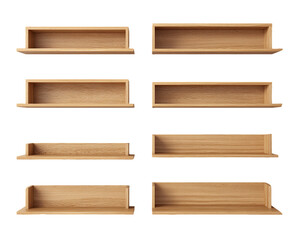 Obraz premium Eight Variations of Empty Light Brown Wooden Shelves on Transparent Background, PNG