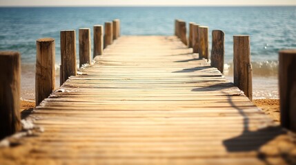 Naklejka premium Wooden pier at the beach with serene atmosphere and warm daylight, ocean softly blurred in background