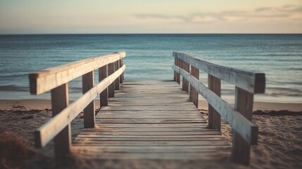 Fototapeta premium Wooden pier at the beach with serene atmosphere and warm daylight, ocean softly blurred in background