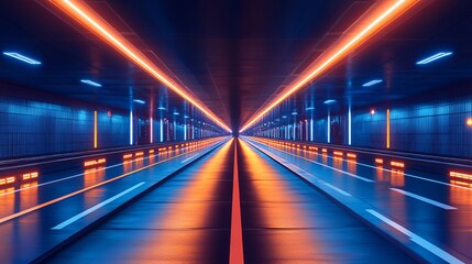 Futuristic tunnel with vibrant blue and orange LED lights creating a dynamic atmosphere.