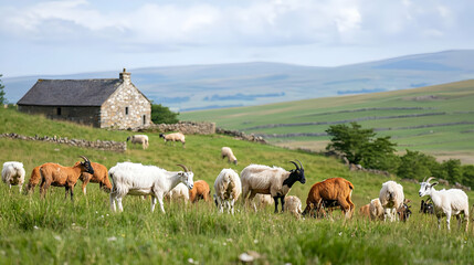Fototapeta premium Sheep And Goats Grazing In Pasture With Old Stone House