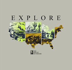 EXPLORE typography concept, outdoor adventure . Vector graphic for t shirt