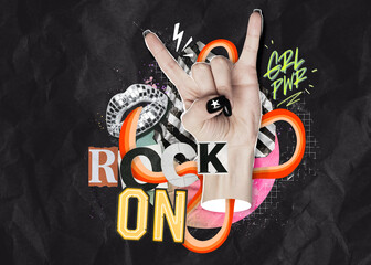 Rock On Hand Gesture &ndash; Feminine Scrapbook Style Collage with Retro Aesthetic