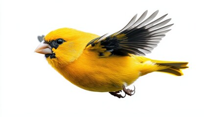 Fototapeta premium Vibrant yellow bird in flight with detailed feathers and spread wings, isolated on a white background, showcasing nature and wildlife photography