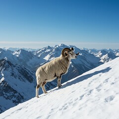 Naklejka premium Sheep standing confidently on snowy summit