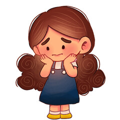 Adorable Cartoon Girl Character illustration with Long Curly Hair, Wearing Blue Overalls and Yellow Shoes– Cute Children’s Illustration for Educational and Creative Design