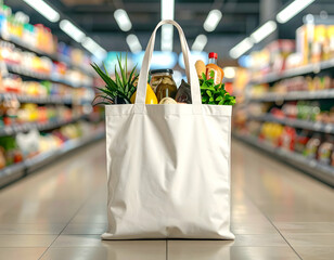 Full White Tote Bag Filled With Groceries In Supermarket
