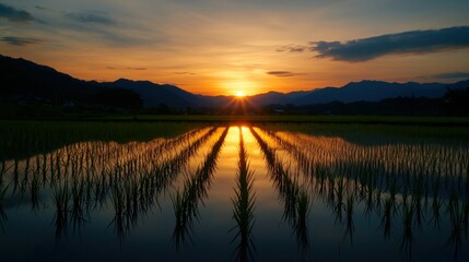 A vibrant sunset illuminating a reflective water covered field