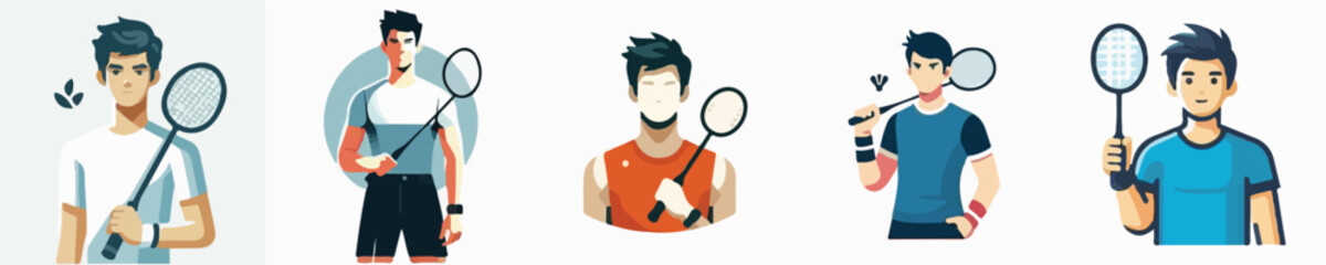 Set vector of a badminton player holding a racket for practice