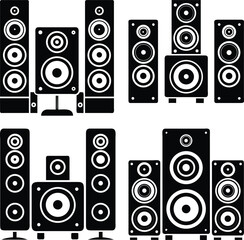 Black silhouette set of home audio speaker systems with subwoofers and multiple speaker units in vector graphic style
