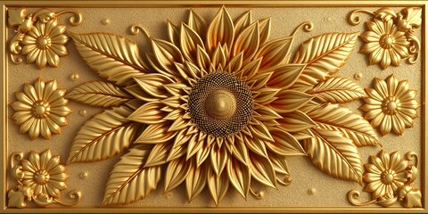 Golden Sunflower Floral Design Elegant 3D Relief Wall Art Decor Texture