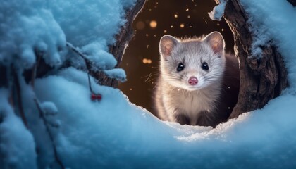 Obraz premium A snow marten hiding in a tree hole as his home, view of rare animal in the arctic regions with green frost forest