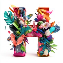Colorful 3D letter 'H' adorned with vibrant tropical plants and flowers, showcasing creativity
