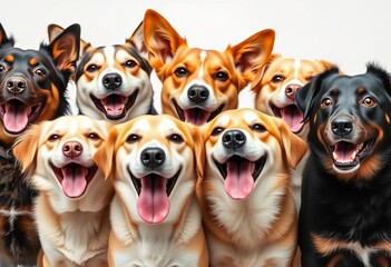 Close-up of diverse, smiling dogs against a white backdrop,  friendly,  animals
