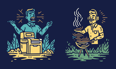 Doodle Drawing of Man by Printer and Man Grilling on Barbecue