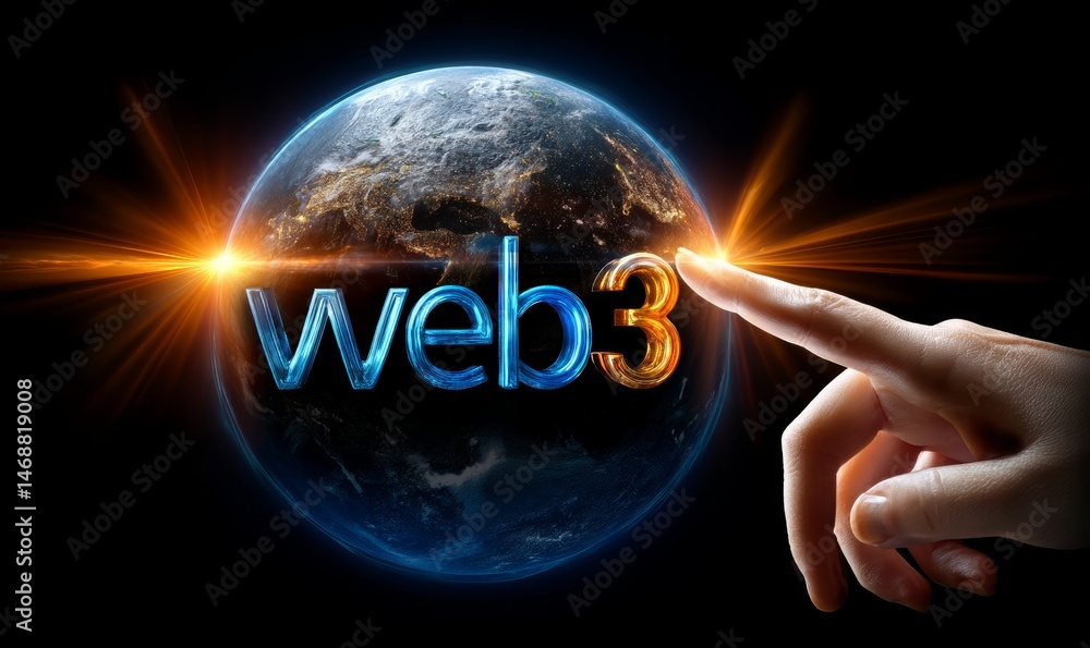 Poster web3 floating over earth with hand pointing and light rays
