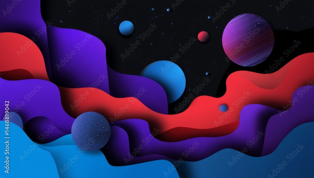 Poster vibrant cosmic abstract background with colorful wave patterns and floating planets, dreamy nebula e