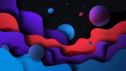 Vibrant cosmic abstract background with colorful wave patterns and floating planets, dreamy nebula effect in space