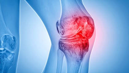 Cross-sectional anatomical image of damaged knee cartilage, with intra-articular inflammation highlighted in red