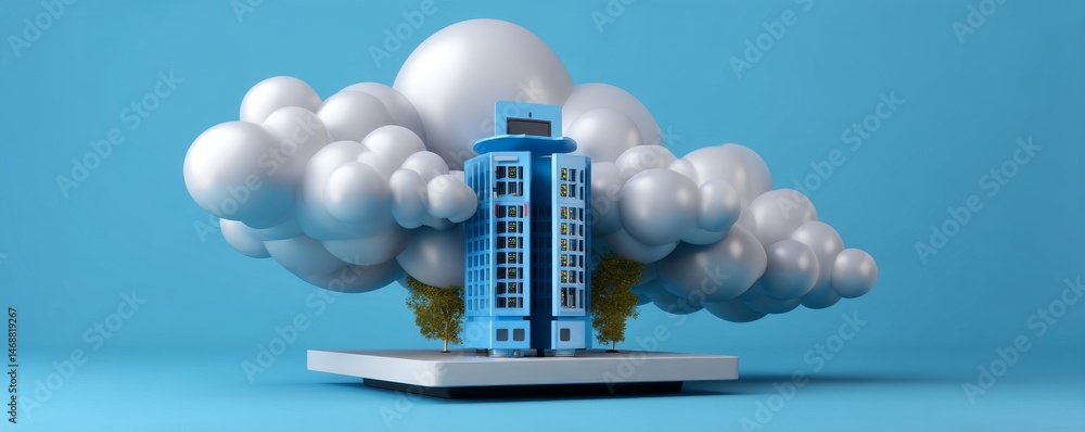 Aufkleber 3d cloud illustration with computers and a server on a light blue background
