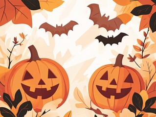 Halloween themed image with jack-o'-lanterns and bats.