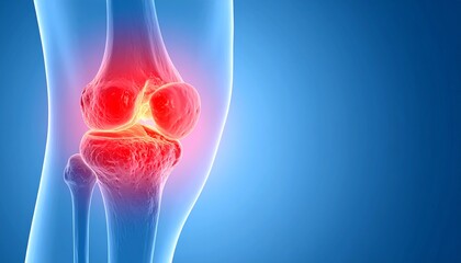 Cross-sectional anatomical image of damaged knee cartilage, with intra-articular inflammation highlighted in red