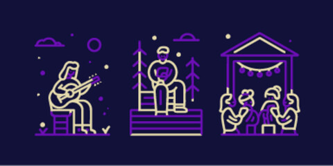 Monoline Flat Icons of Outdoor Music and Relaxation Activities