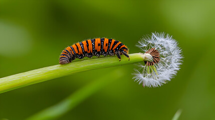 Fototapeta premium Caterpillar On Dandelion Stem With Orange And Black Stripes