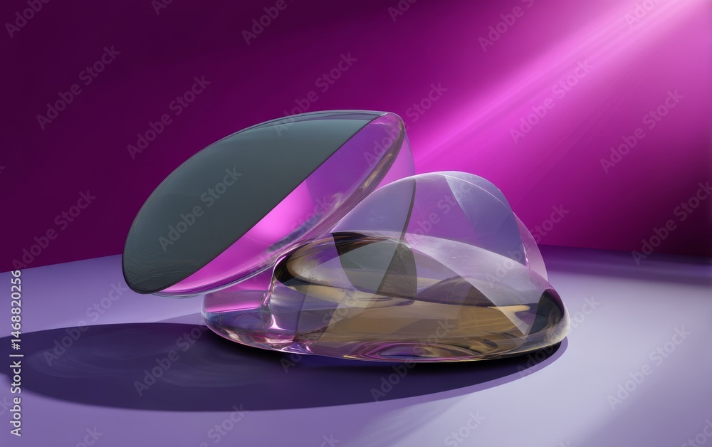Poster abstract composition of three rounded glass objects with pink and purple gradient background