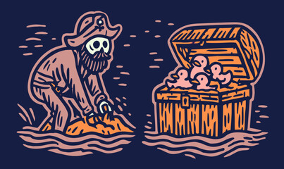 Obraz premium Pirate Hand Drawing of Skeleton with Treasure Chest and Ducks