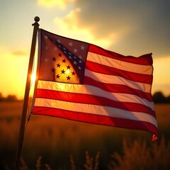 American Flag Waving at Sunset in a Field