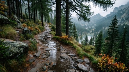 Obraz premium Mysterious foggy mountain path surrounded by pine forest scenic nature view serene atmosphere