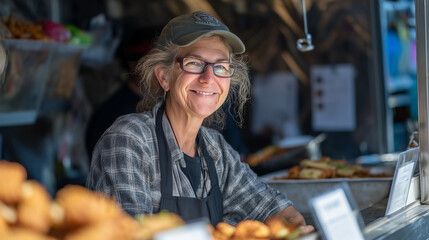 Obraz premium Smiling vendor exudes warmth and hospitality, embodying the joy of sharing food and culture.