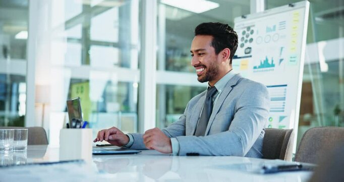 Businessman, laptop and finance at office with fist pump, report or budget with charts, profit or success with goal. Person, pc and excited for results, stats and audit with revenue with celebration