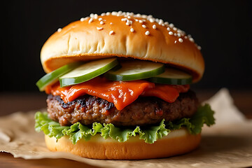 Food and drink close up food hamburger photo art produc. vegetable, grill, season, protein, close-up, background, popular, culinary art, business, to eat, green, gourmet, onion, grilled .