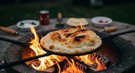 Flatbread cooking over fire outdoor meal