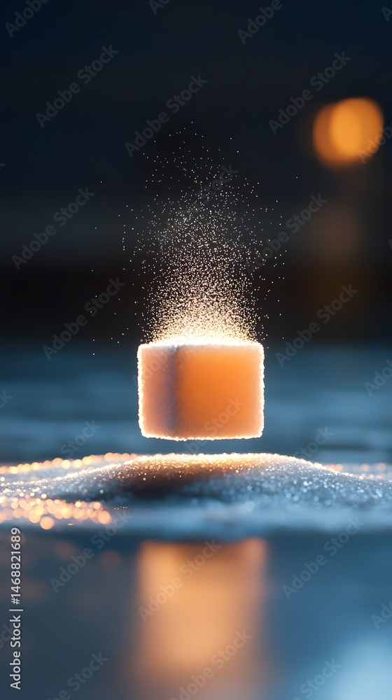 Poster glowing orange cube with particles floating above a blue surface