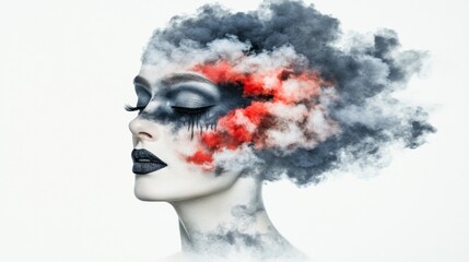 Fototapeta premium Artistic portrait of a woman with a cloud-like hairstyle and dramatic makeup
