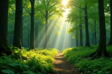 Obraz premium Lush green Estonian forest with sunlight dappling through the trees , canopy, beautiful, woods