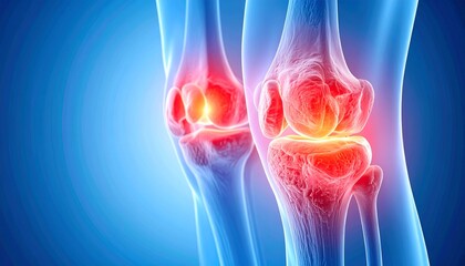 Cross-sectional anatomical image of damaged knee cartilage, with intra-articular inflammation highlighted in red