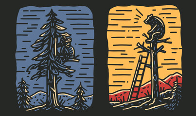 Hand-drawn Doodles of Bear and Forest Scene on Dark Background